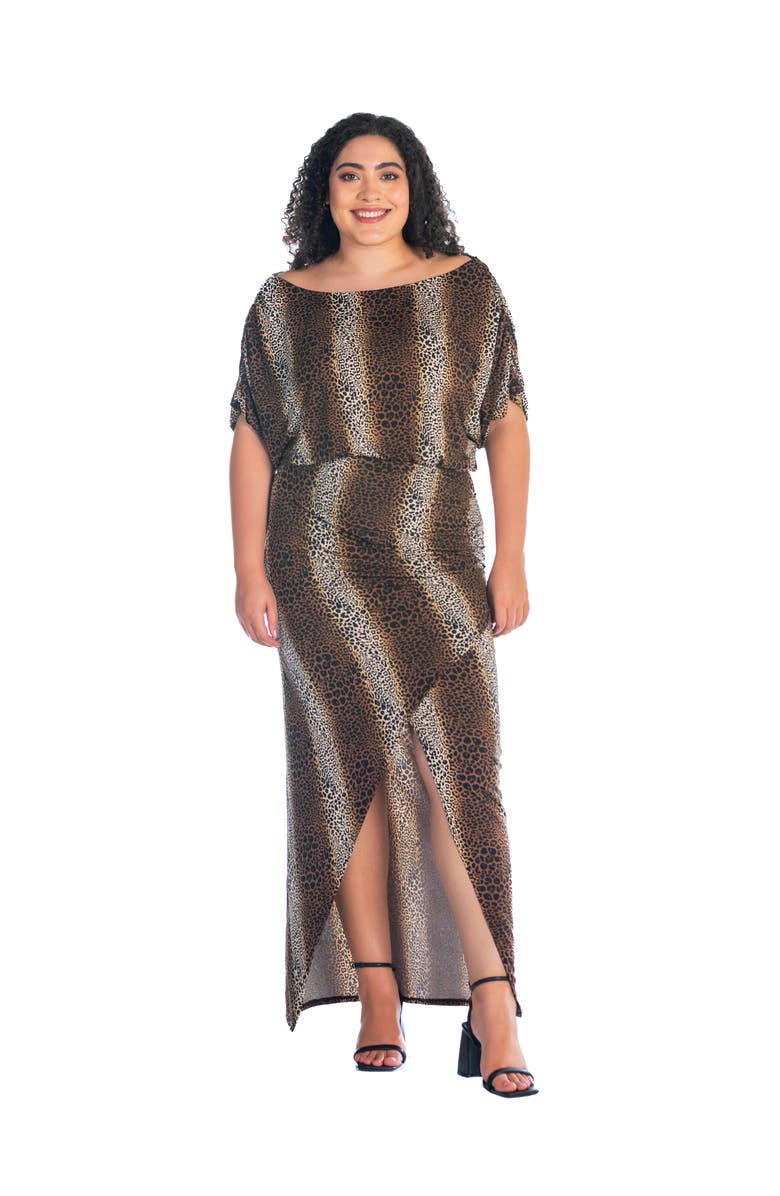 24seven Comfort Apparel Boat Neck Batwing Sleeve Slit Maxi Dress, Main, color, Brown Multi