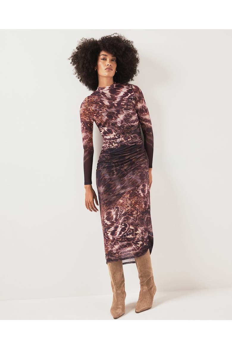Long Sleeve Printed Mesh Midi Dress, Alternate, color, Burgundy