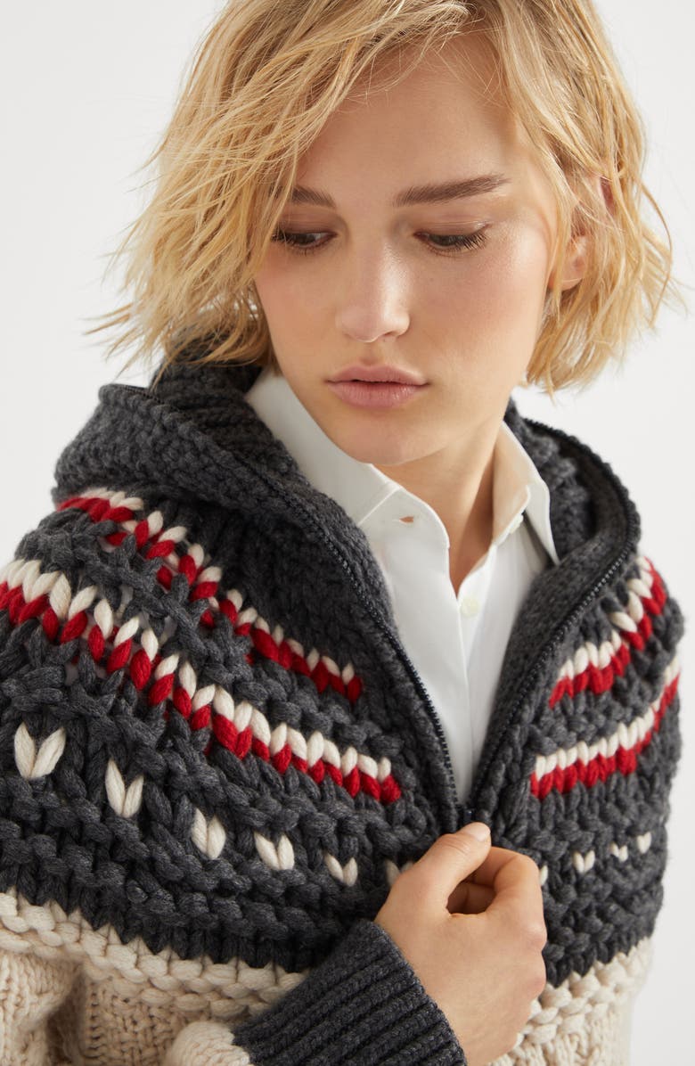 Brunello Cucinelli Handmade Mountain Cables OPERA cardigan in cashmere Feather yarn with hood, Alternate, color, 