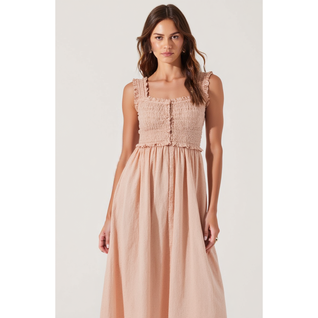 Modenaire Smocked Midi Dress With Ruffle Straps And Button-front Detail In Peach