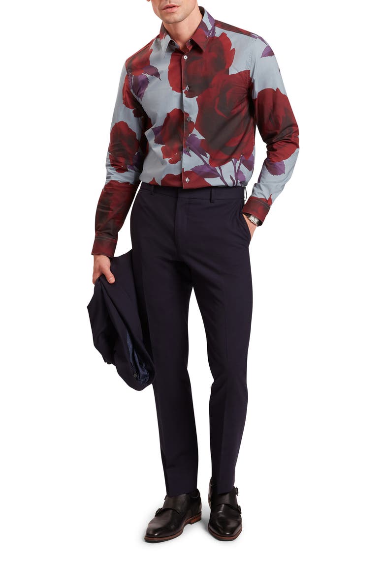 Ted Baker Quorik Floral Print Button-Up Shirt, Alternate, color, Navy