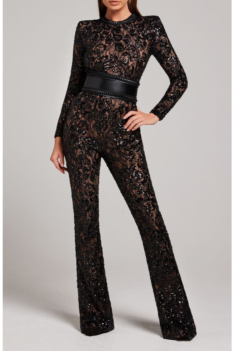 Bella Long Sleeve Beaded Lace Jumpsuit, Main, color, BLACK