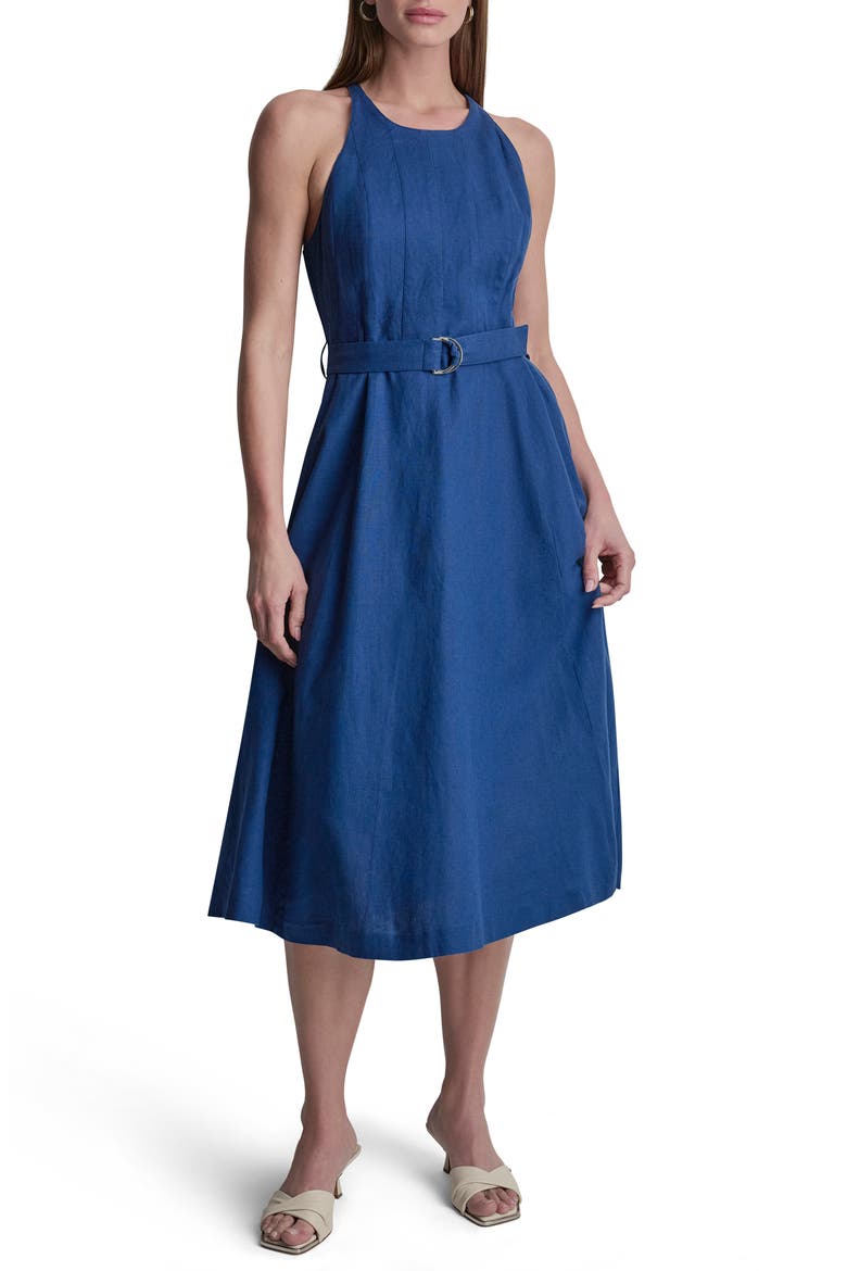 Belted Linen Blend Midi Dress, Main, color, ADMIRAL