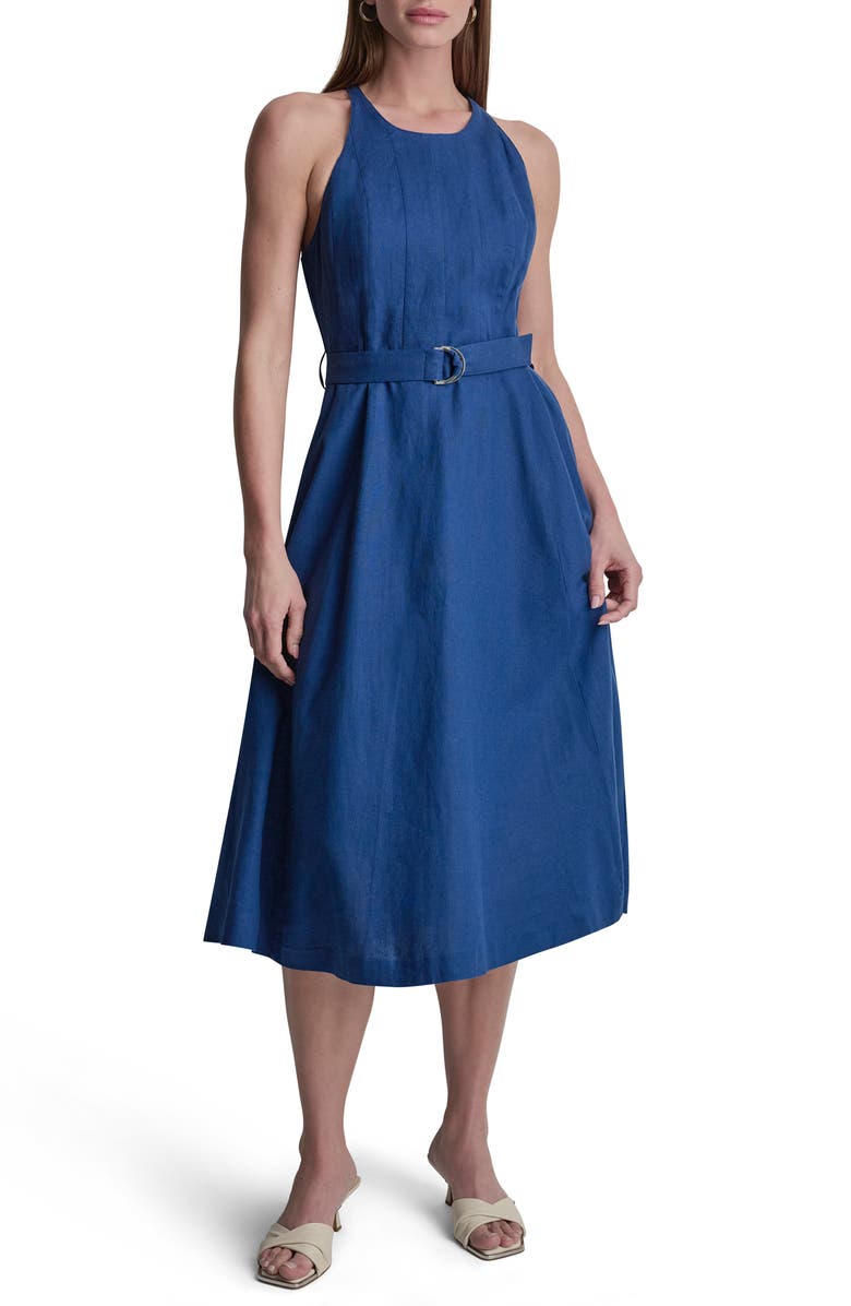 DKNY Belted Linen Blend Midi Dress, Main, color, Admiral