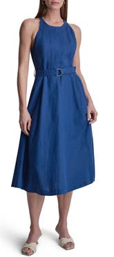 DKNY Belted Linen Blend Midi Dress