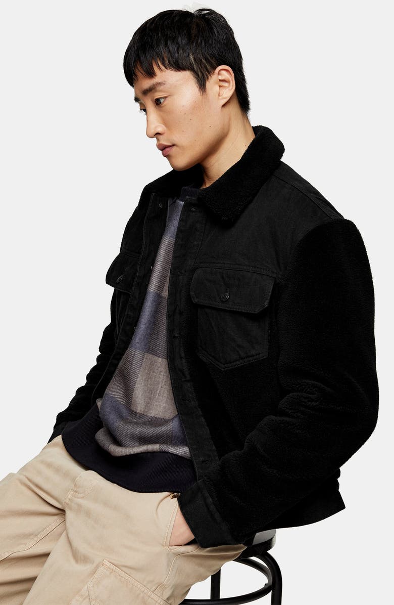 Topman Cut & Sew Fleece & Denim Jacket, Alternate, color, 