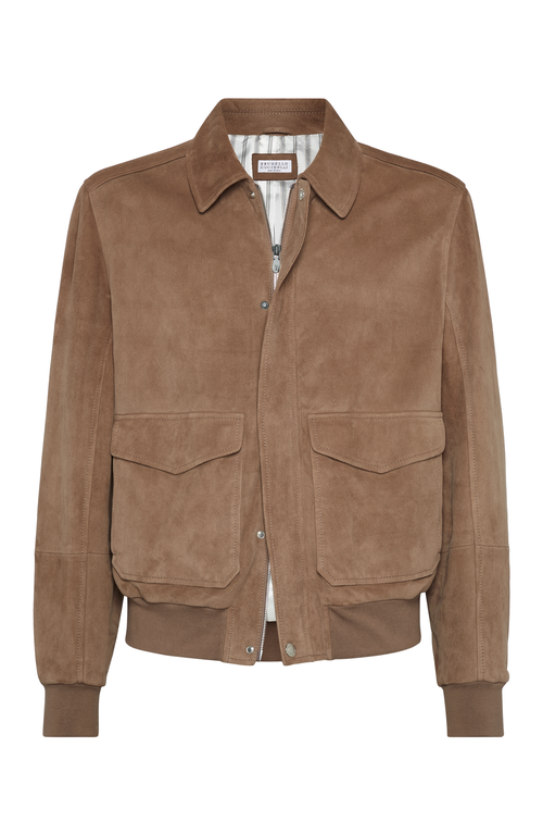 Brunello Cucinelli Suede Jacket With Striped Cupro Lining In Yuta