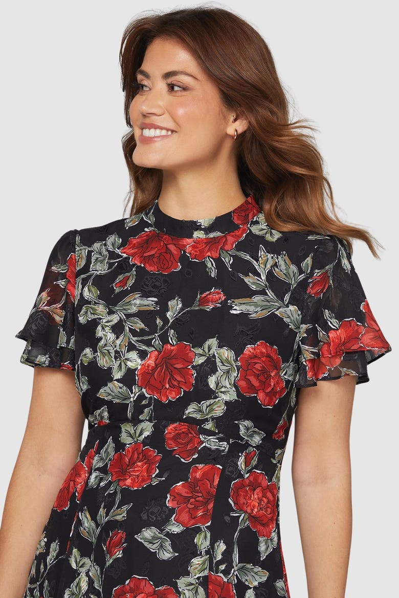 Floral Burn Out Ruffle Midi Dress, Alternate, color, Black