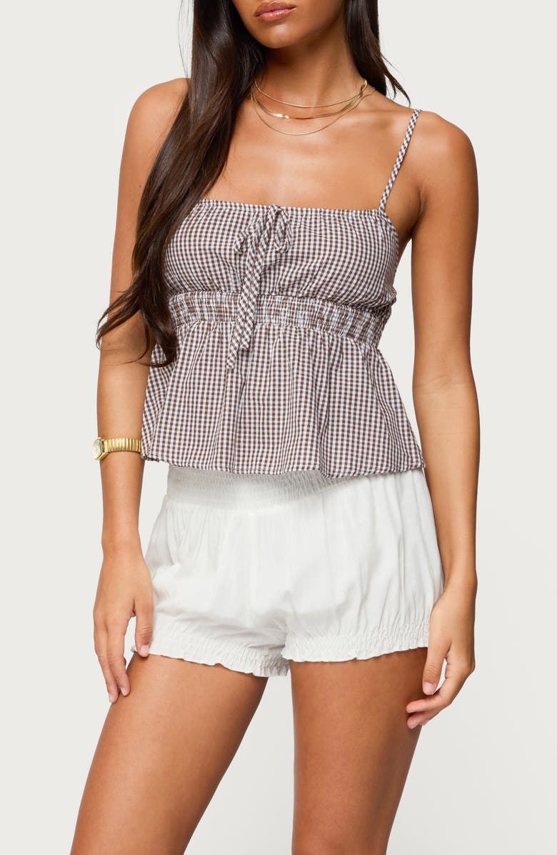EDIKTED Zahara Gingham Cotton Camisole, Main, color, Brown