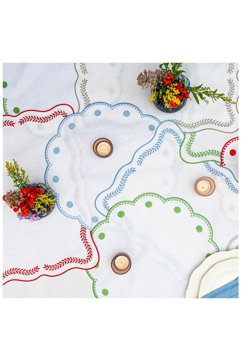 Tessuti Set of 4 Round White Linen Placemats with Green Dot Embroidery, Alternate, color, GREEN