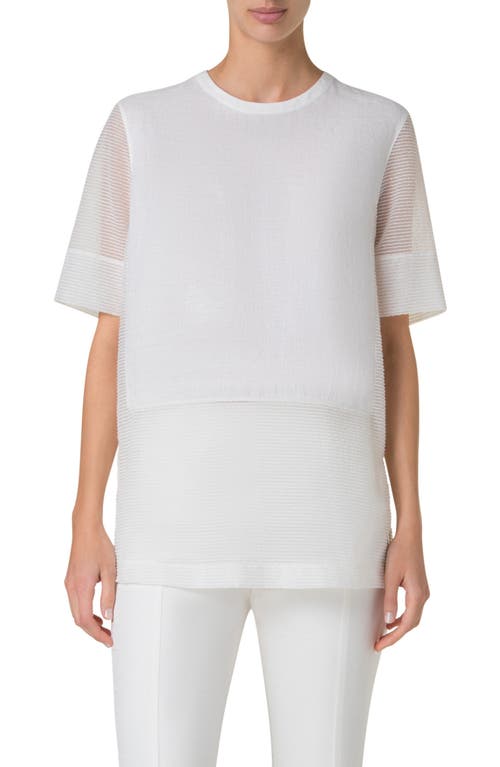 Akris Mixed-media Linen Striped Organza Short-sleeve Blouse In Ecru