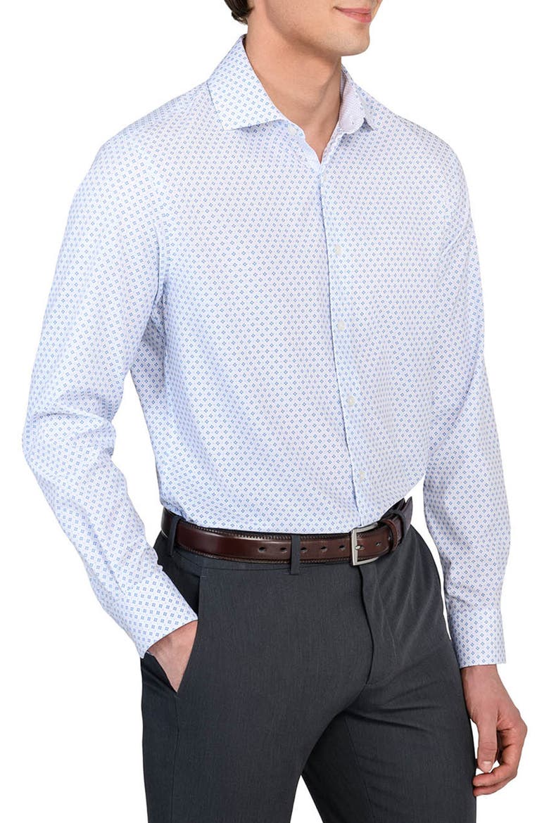Slim Fit Double Diamond Print Performance Dress Shirt, Alternate, color, WHITE/ BLUE