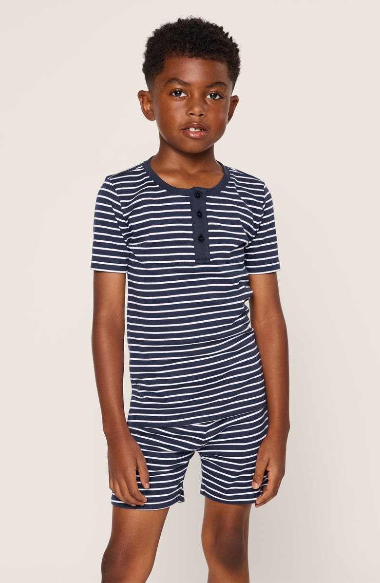 Petite Plume Kids' Stripe Fitted Two-Piece Pima Cotton Pajamas, Main, color, Navy