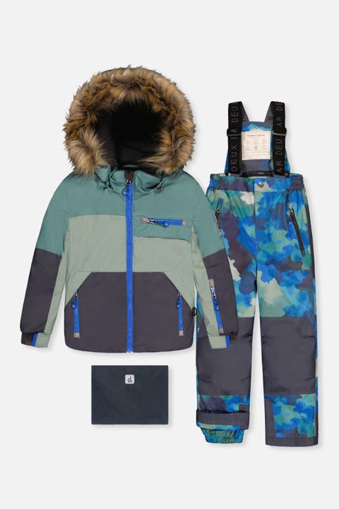 Play Faux Fur Hood Jacket & Camouflage Pants Two Piece Snowsuit
