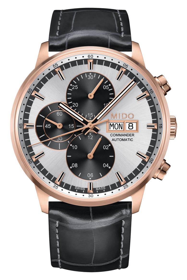 Commander Chronometer Leather Strap Watch, 42mm, Main, color, BLACK/ SILVER/ ROSE GOLD