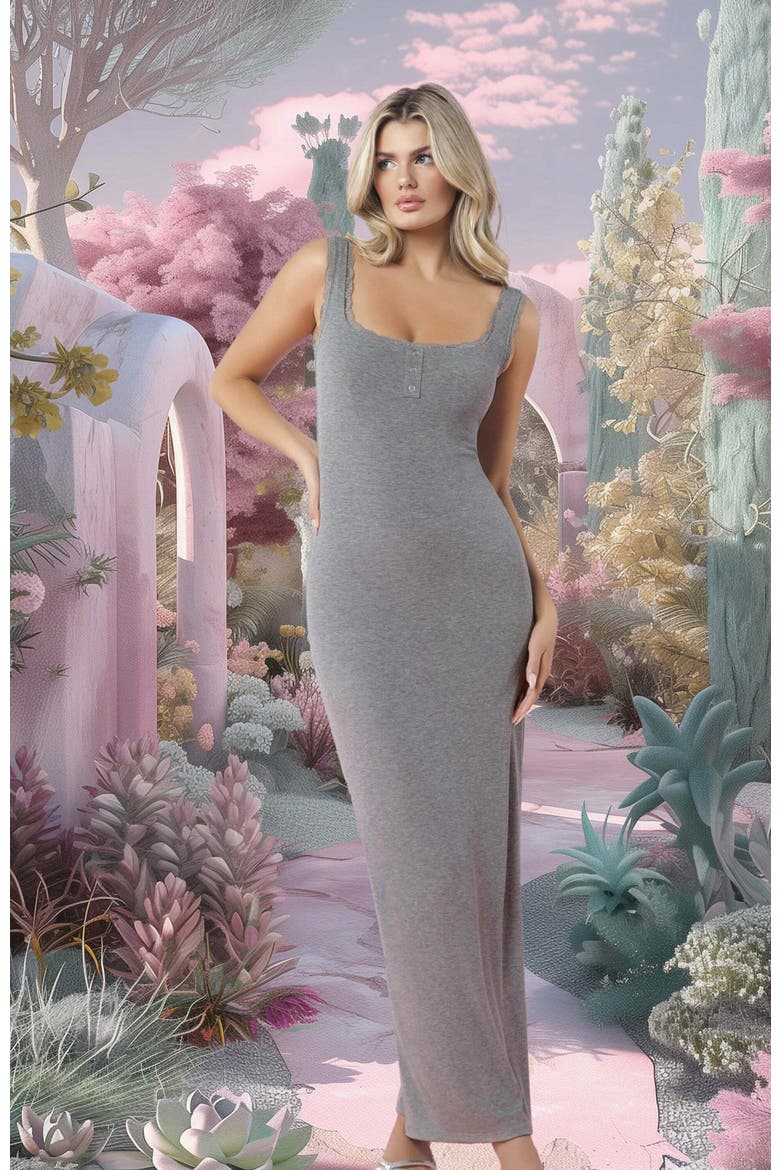 Shapewear Modal Slimming Lace Trim Henley Tank Maxi Spring Resort Dress, Alternate, color, Pastel Grey