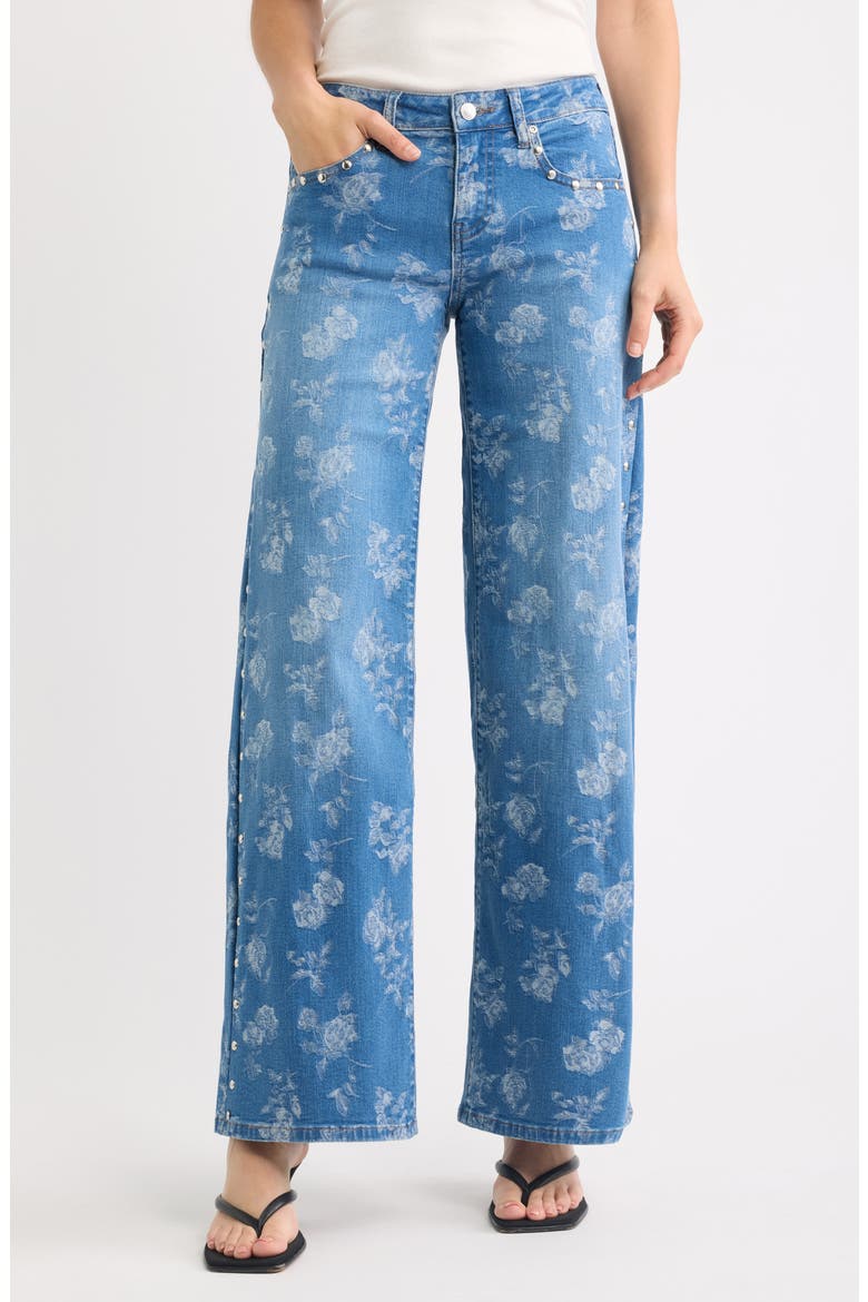 Rose Jacquard Studded Low Rise Wide Leg Jeans, Main, color, INDIGO