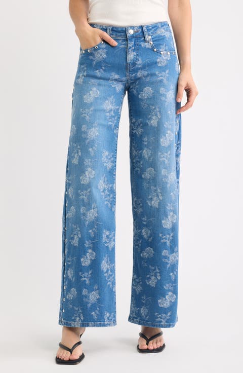Rose Jacquard Studded Low Rise Wide Leg Jeans