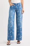 Fade Out Loud Rose Jacquard Studded Low Rise Wide Leg Jeans