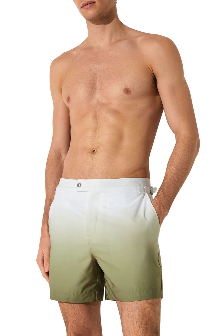 Amore Ombré Side Adjuster Swim Trunks, Main, color, SOFT SAGE GREEN