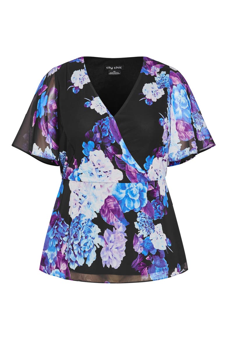 Carmen Floral Faux Wrap Top, Alternate, color, BLK HYDRANGEA