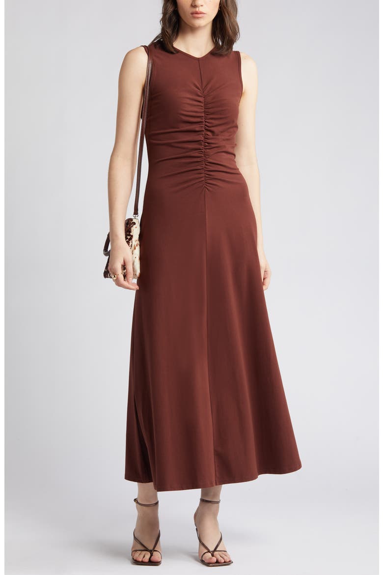 Ruched Front Sleeveless Maxi Dress, Main, color, BROWN RAISIN