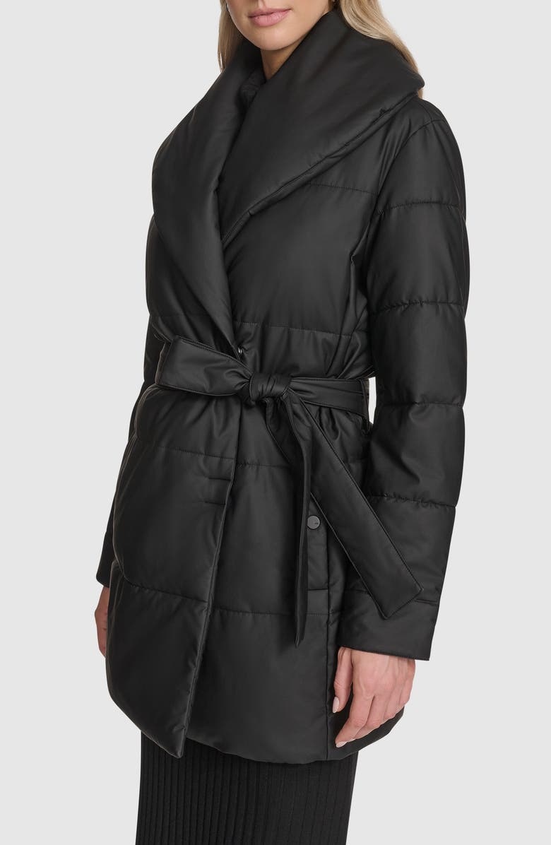 Andrew Marc Adela Faux Leather Shawl Collar Quilted Wrap Coat, Alternate, color, Black