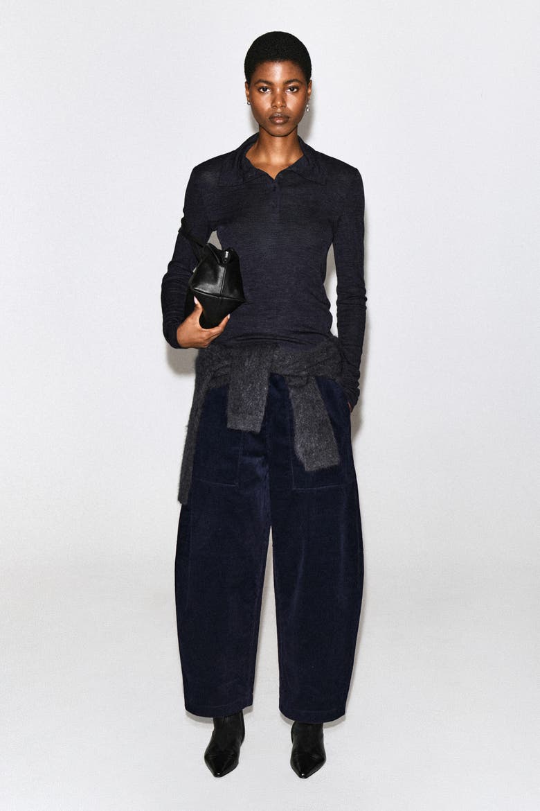 Corduroy Barrel-leg Drawstring Pants, Main, color, NAVY