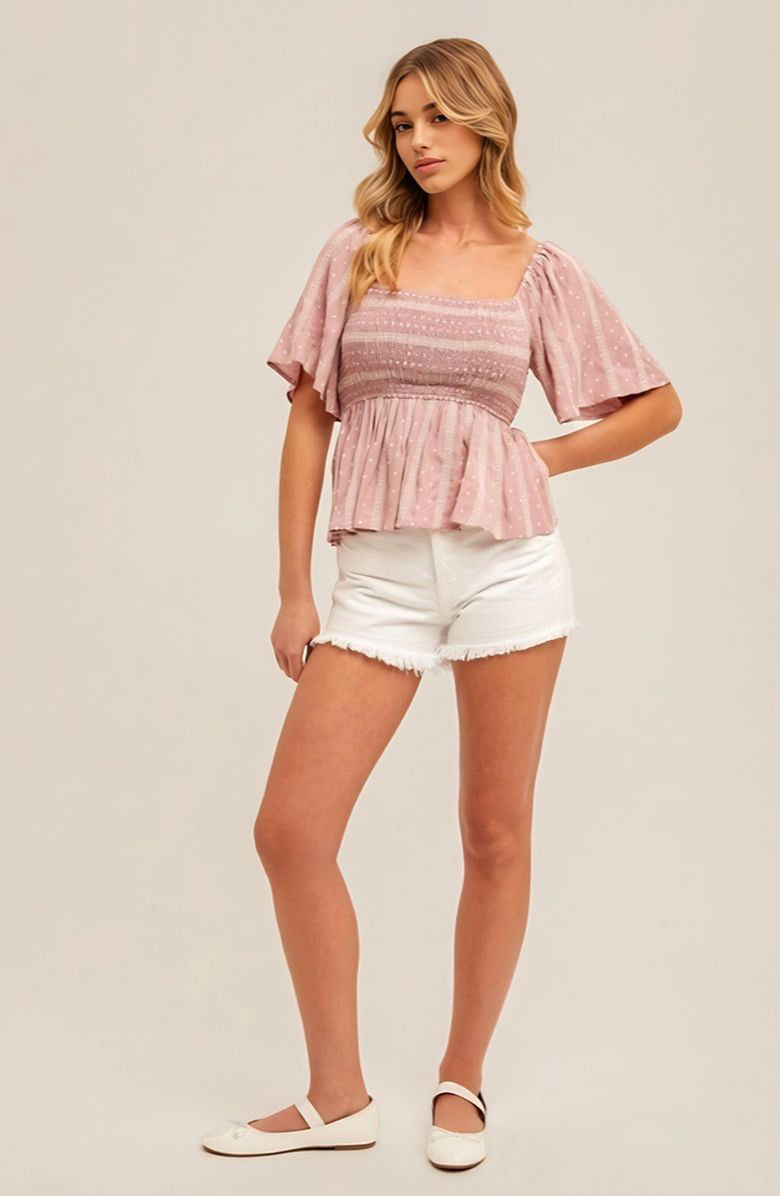 Knit and Lounge Smocked Bodice Peplum Blouse With Flutter Sleeves, Alternate, color, Pink