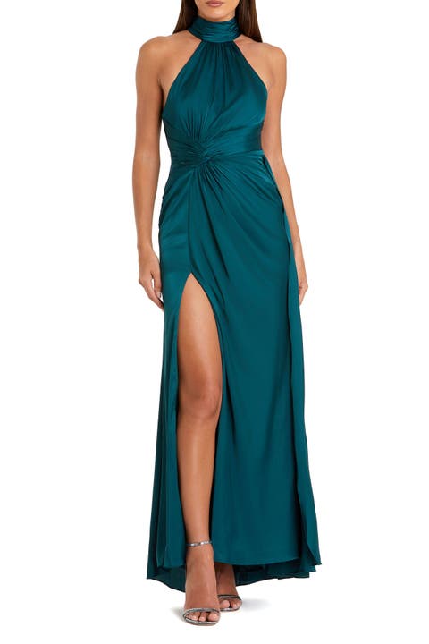 Petite Open Back High Neck Side Ruched Gown