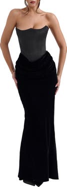HOUSE OF CB Persephone Strapless Corset Satin & Velvet Mermaid Gown