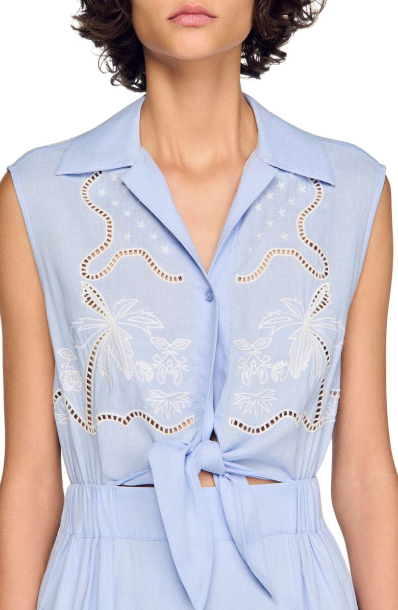 SANDRO Embroidered linen maxi dress, Alternate, color, Sky Blue