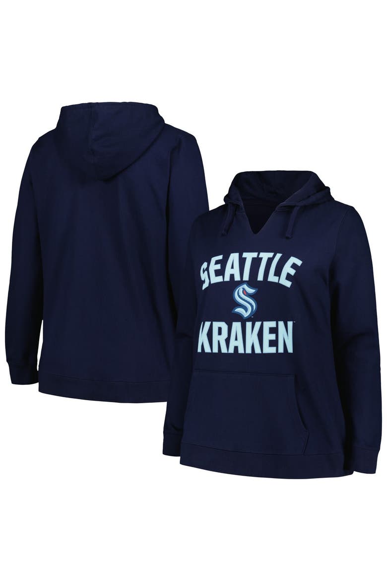 Women's Profile Deep Sea Blue Seattle Kraken Plus Size Arch Over Logo Pullover Hoodie, Main, color, Navy