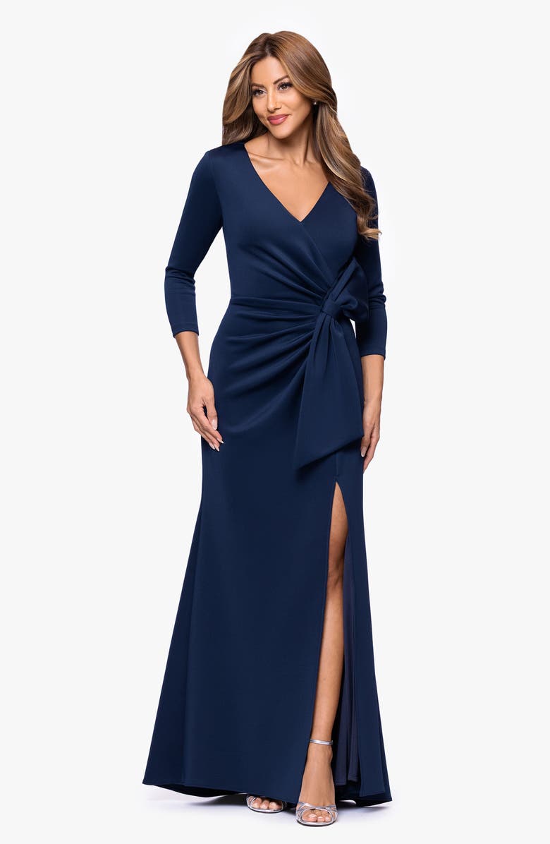Xscape Evenings Bow Detail Long Sleeve Scuba Crepe Gown, Alternate, color, Midnight