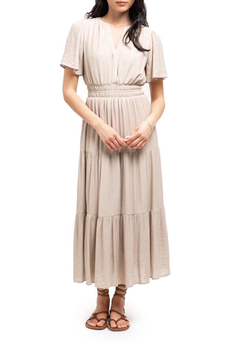 Split Neck Tiered Midi Dress, Main, color, LIGHT KHAKI