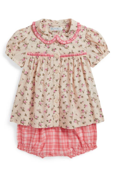 Ditsy Floral Button-Up Top & Plaid Bloomers Set