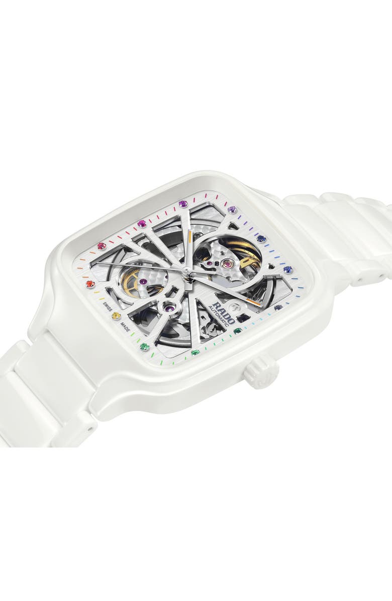 RADO True Square Automatic Open Heart Ceramic Bracelet Watch, 38mm, Alternate, color, White