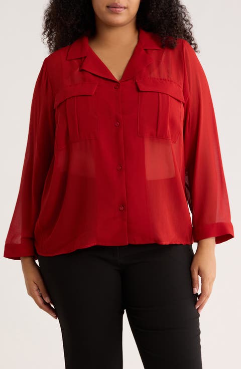 Long Sleeve Crop Utility Button-Up Shirt (Plus)