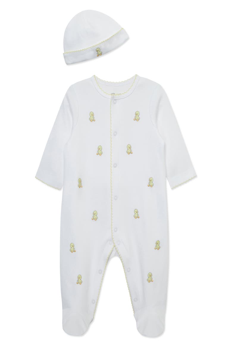 Sweet Ducks Embroidered Cotton Footie & Hat Set (Nordstrom Exclusive), Main, color, WHITE