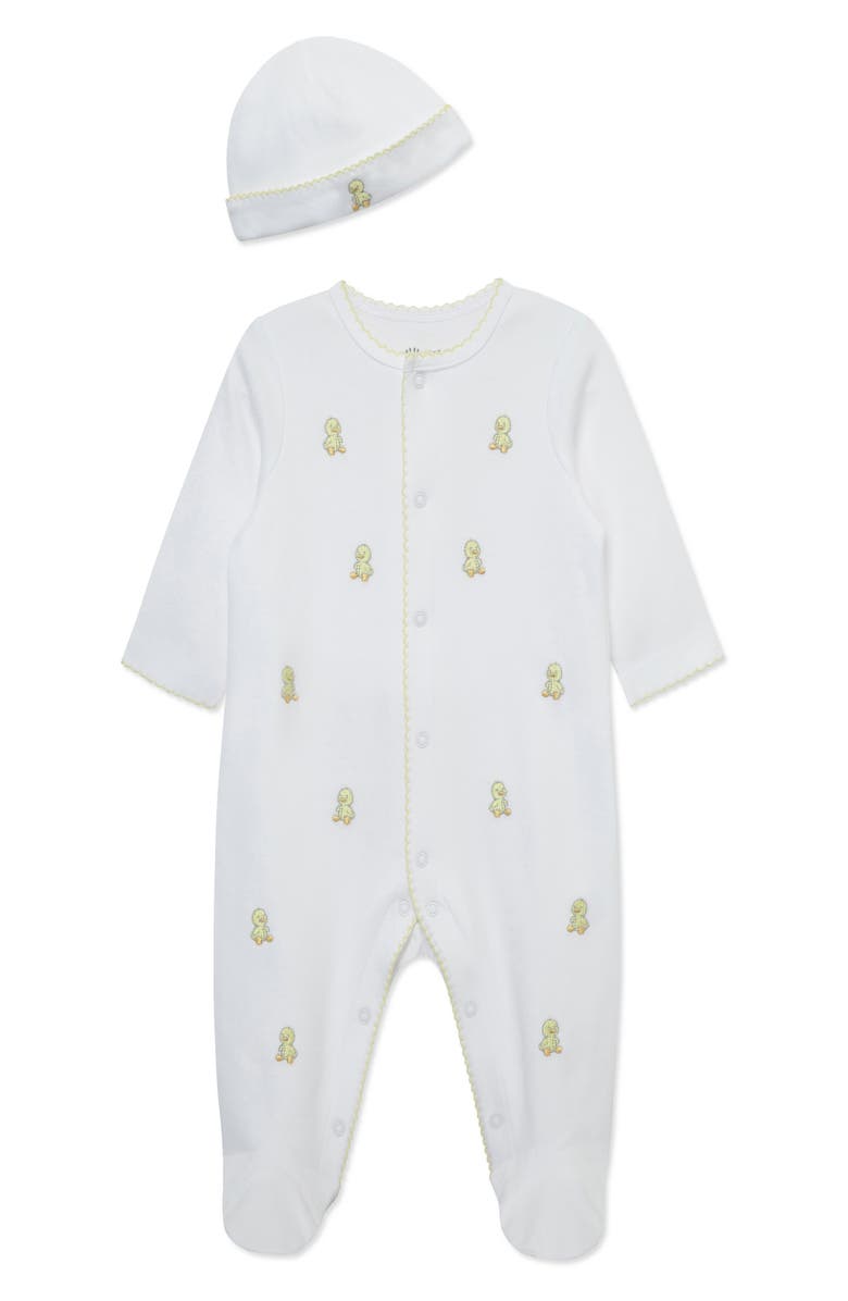 Little Me Sweet Ducks Embroidered Cotton Footie & Hat Set, Main, color, White