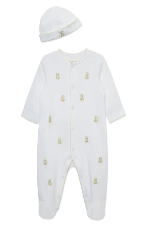 Little Me Sweet Ducks Embroidered Cotton Footie & Hat Set in White 