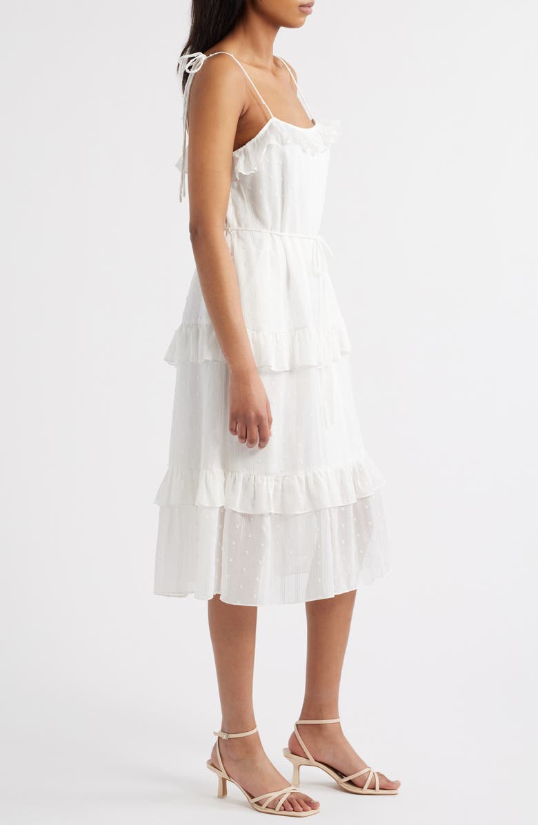 Julia Jordan Ruffle Clip Dot Tie Strap Midi Dress, Alternate, color, Ivory