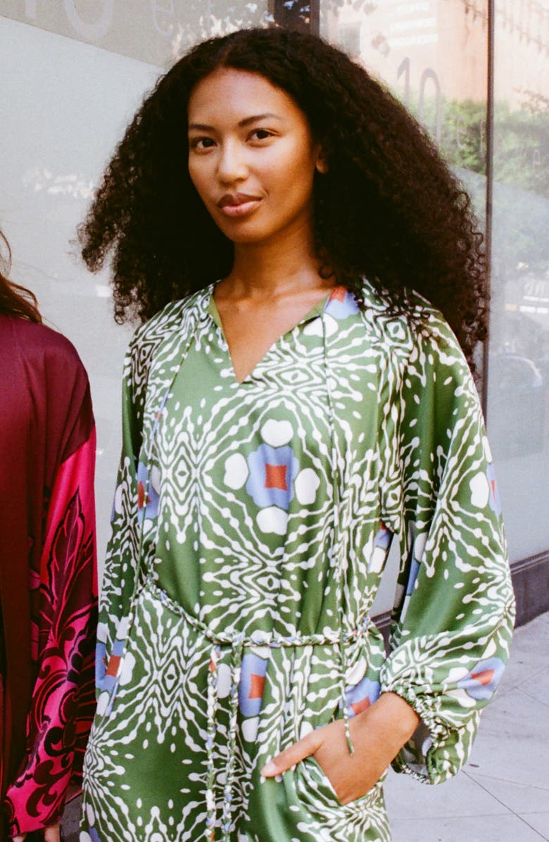 CIEBON Jardin Abstract Print Long Sleeve Satin Dress, Alternate, color, Green Multi