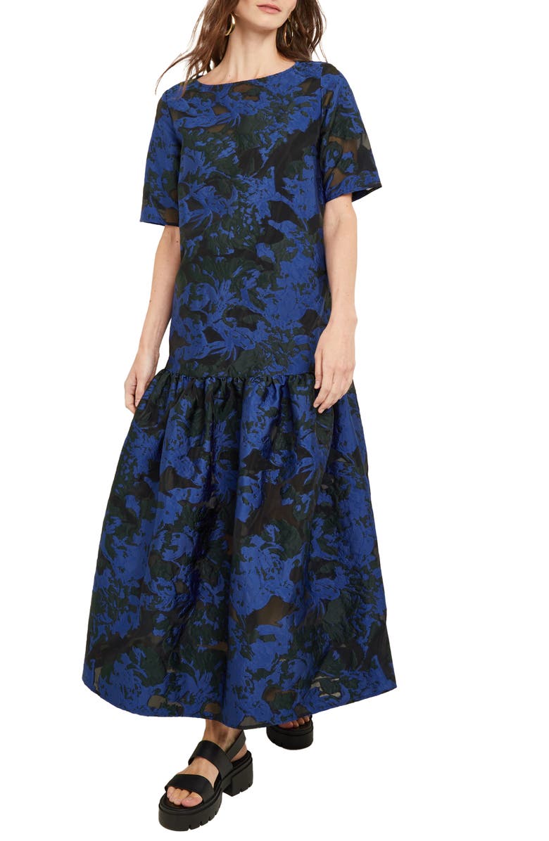 Misook Burnout Jacquard Tiered A-Line Dress, Main, color,