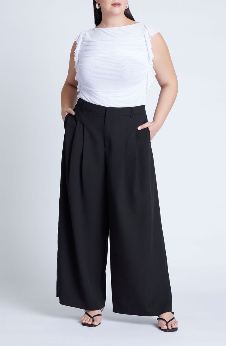 ELOQUII Ruffle Cap Sleeve Shirred Mesh Top, Alternate, color, 