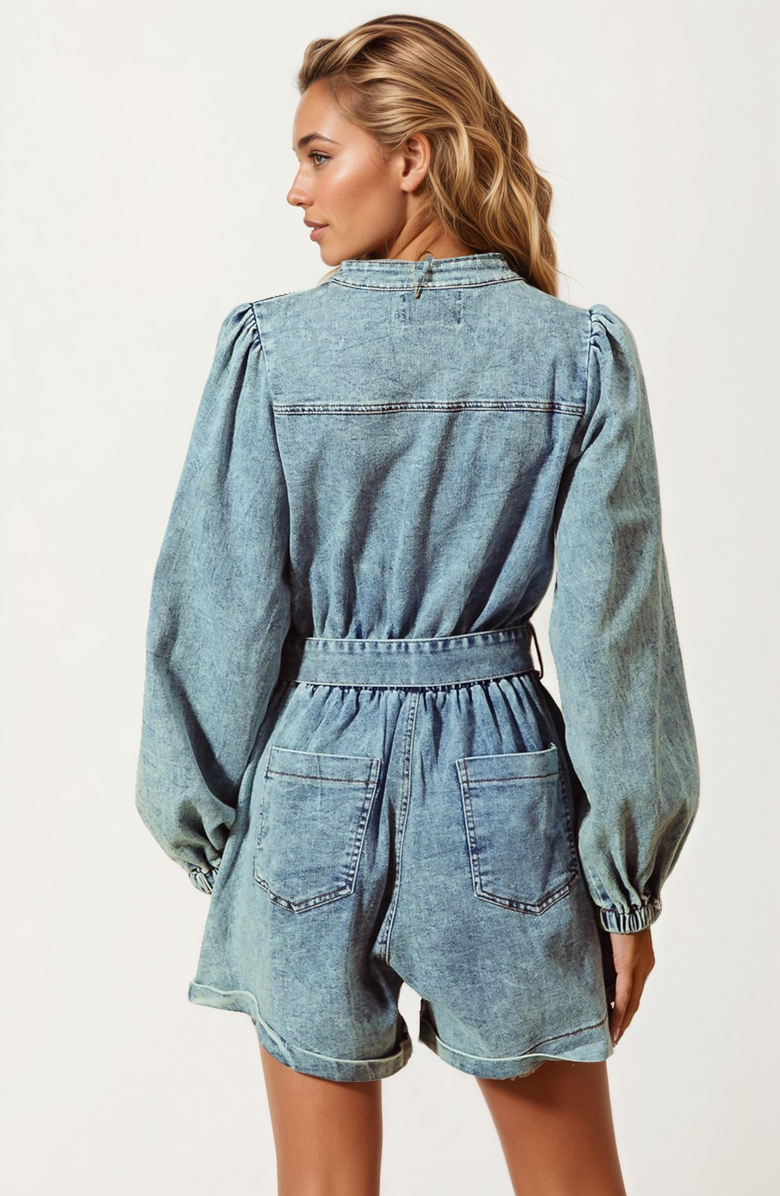 Knit and Lounge Long Sleeve Belted Front Zip Denim Romper, Alternate, color, 
