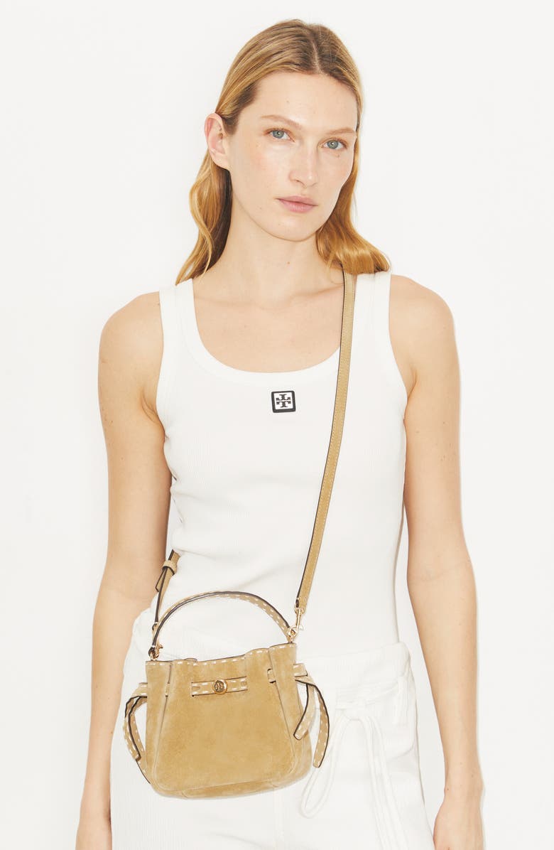 Tory Burch Mini Romy Suede Bucket Bag, Alternate, color, Butter