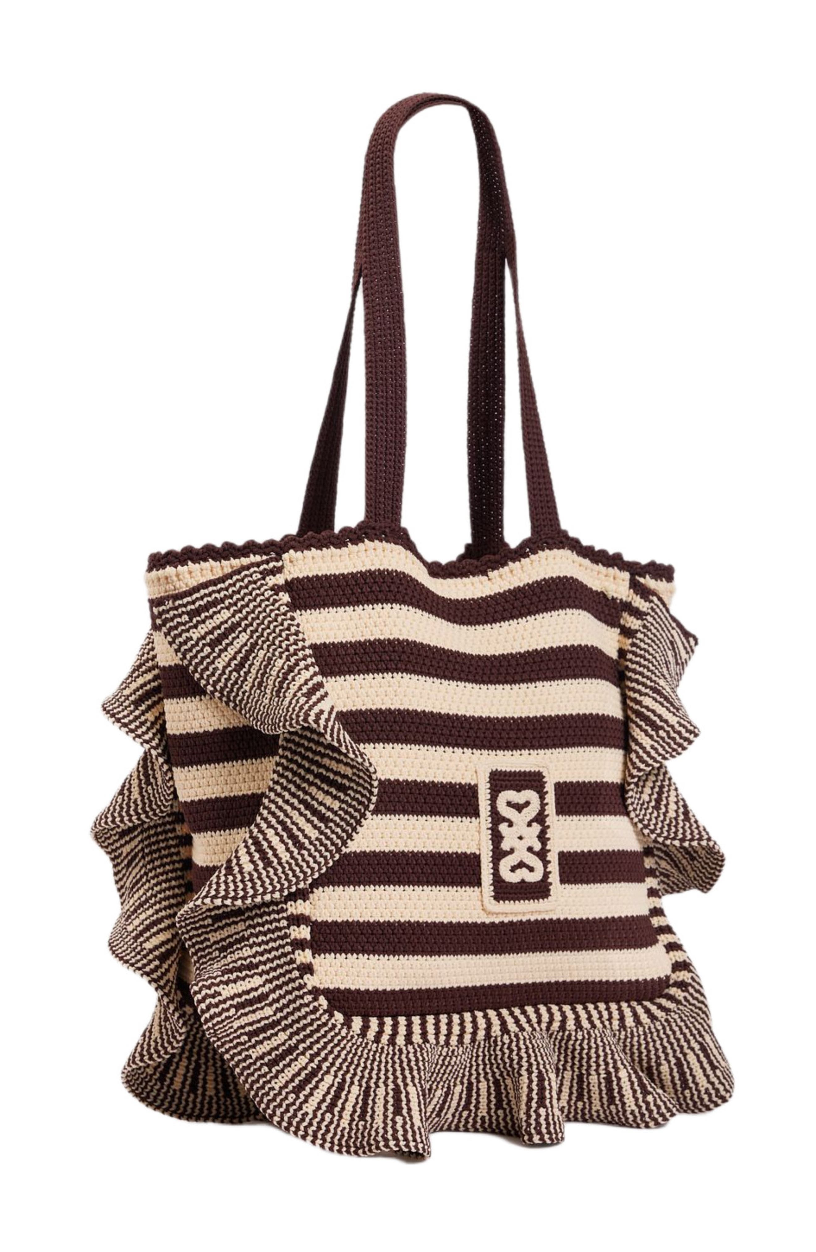 SANDRO Striped crochet bag, Alternate, color, Ecru / Brown