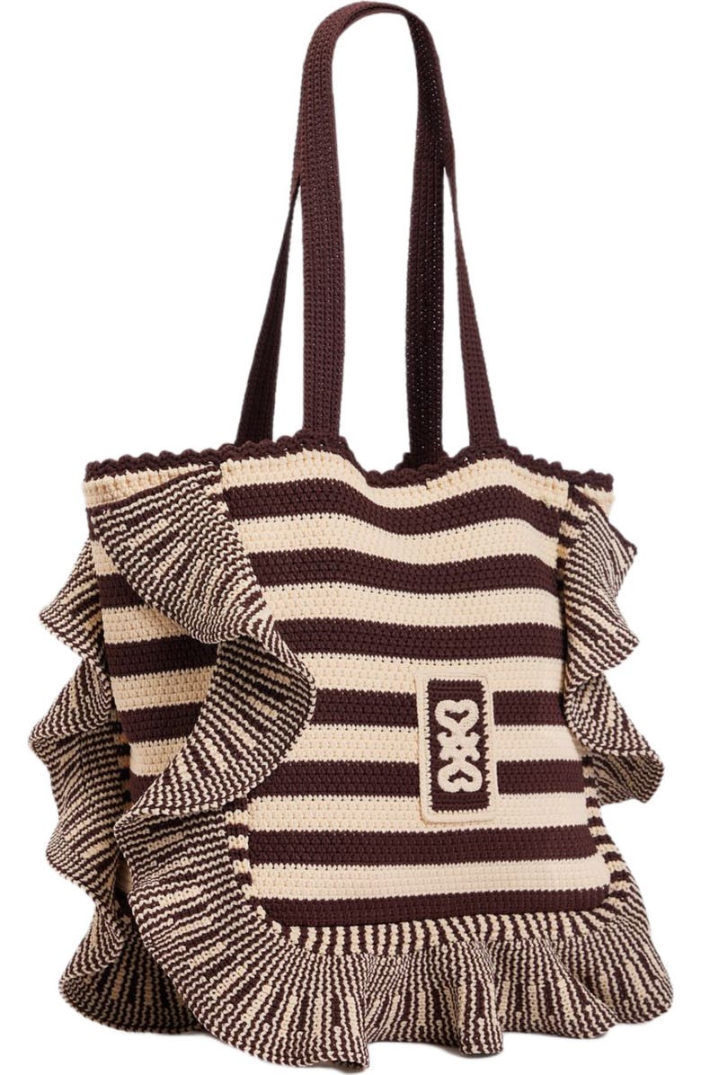 SANDRO Striped crochet bag, Alternate, color, Ecru / Brown