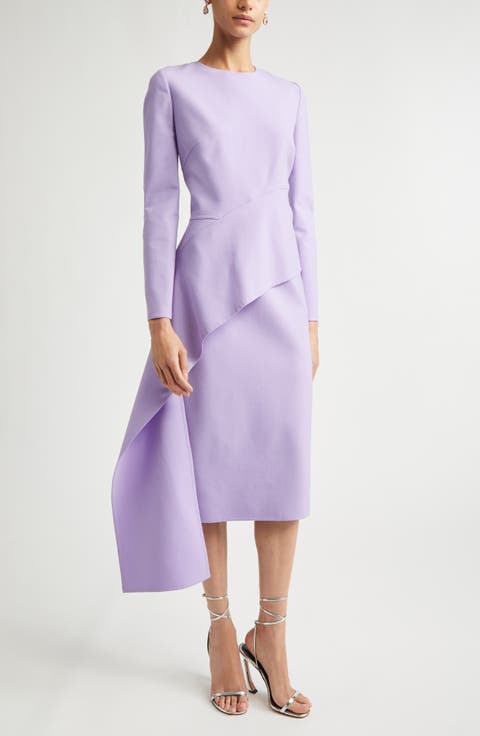 Asymmetric Drape Long Sleeve Stretch Crepe Dress